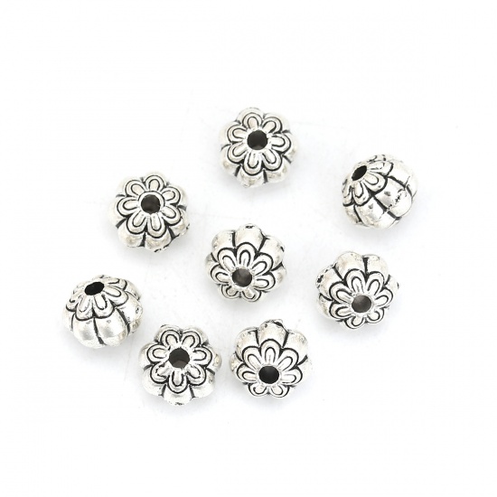 Bild von Zinklegierung Zwischenperlen Spacer Perlen Blumen Antiksilber 8mm x 6mm, Loch:ca. 1.6mm, 50 Stück