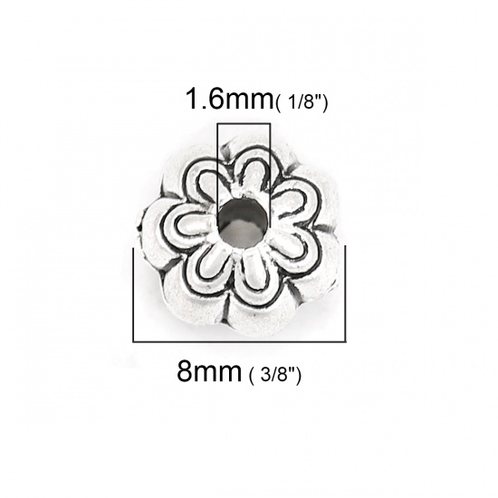 Bild von Zinklegierung Zwischenperlen Spacer Perlen Blumen Antiksilber 8mm x 6mm, Loch:ca. 1.6mm, 50 Stück