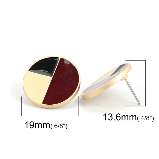 Picture of Zinc Based Alloy Ear Post Stud Earrings Findings Round Matt Gold Black & Red Enamel 19mm, Post/ Wire Size: (21 gauge), 4 PCs