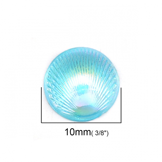 Picture of Acrylic Dome Seals Cabochon Round Light Blue Feather Pattern AB Color 10mm( 3/8") Dia, 200 PCs