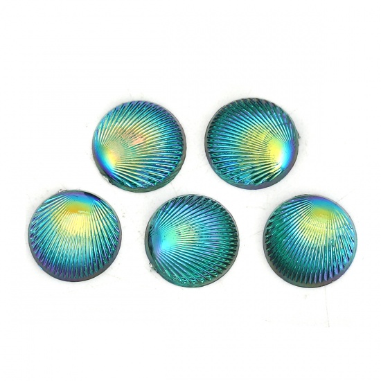 Picture of Acrylic Dome Seals Cabochon Round Green Feather Pattern AB Color 10mm( 3/8") Dia, 200 PCs