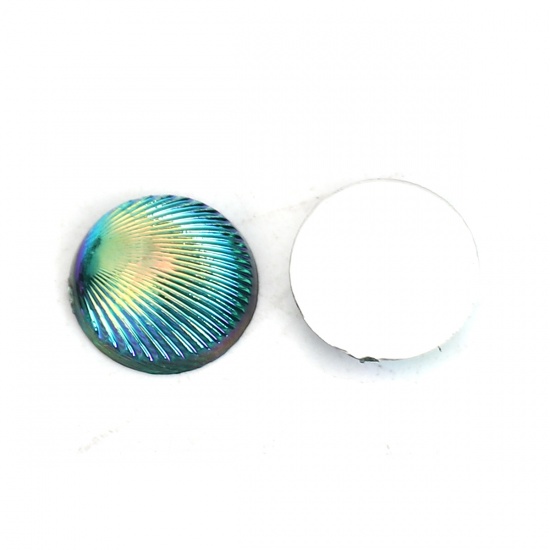 Picture of Acrylic Dome Seals Cabochon Round Green Feather Pattern AB Color 10mm( 3/8") Dia, 200 PCs