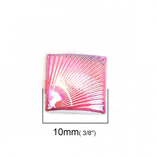 Picture of Acrylic Dome Seals Cabochon Square Pink Feather Pattern AB Color 10mm( 3/8") x 10mm( 3/8"), 200 PCs