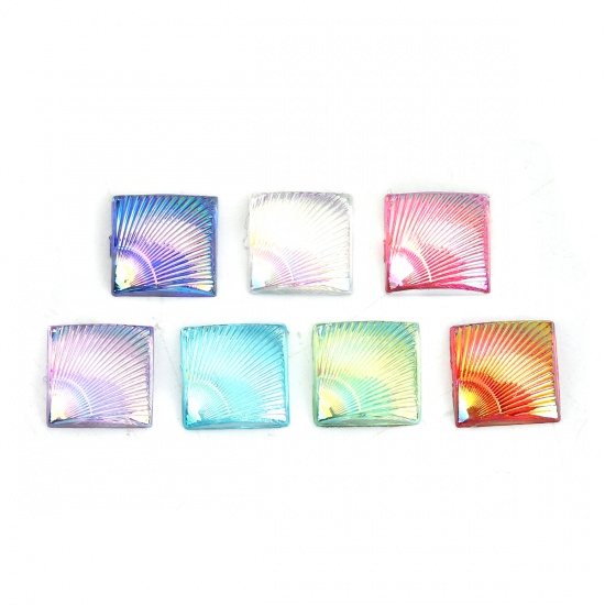 Picture of Acrylic Dome Seals Cabochon Square Pink Feather Pattern AB Color 10mm( 3/8") x 10mm( 3/8"), 200 PCs