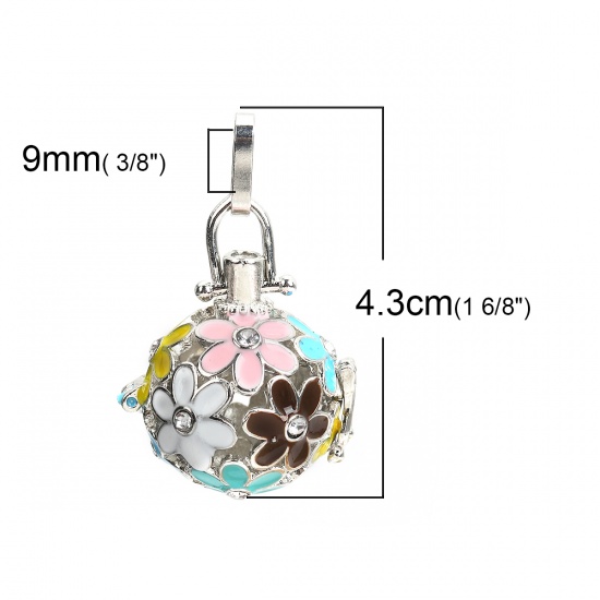 Picture of Copper Pendants Mexican Angel Caller Bola Harmony Ball Wish Box Locket Flower Silver Tone Multicolor Enamel Clear Rhinestone Can Open (Fits 16mm Beads) 43mm(1 6/8") x 26mm(1"), 20 PCs