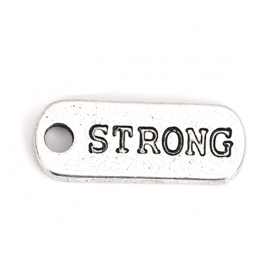 Picture of Zinc Based Alloy Charms Rectangle Antique Silver Message " Strong " 21mm( 7/8") x 8mm( 3/8"), 20 PCs