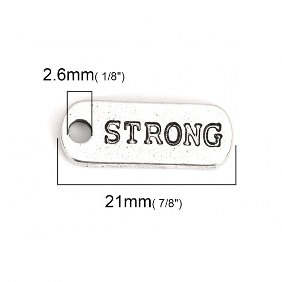 Immagine di Lega di Zinco Charms Rettangolo Argento Antico Lettere " Strong " 21mm x 8mm , 20 Pz