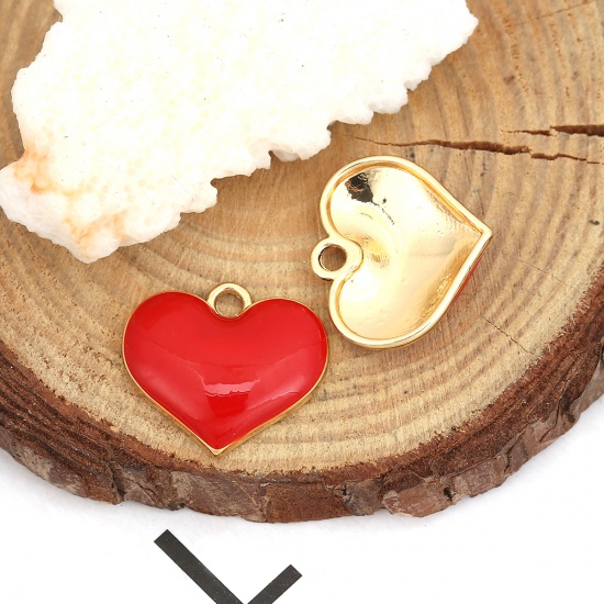 Picture of Zinc Based Alloy Charms Heart Gold Plated Red Full Enamel 20mm( 6/8") x 18mm( 6/8"), 10 PCs