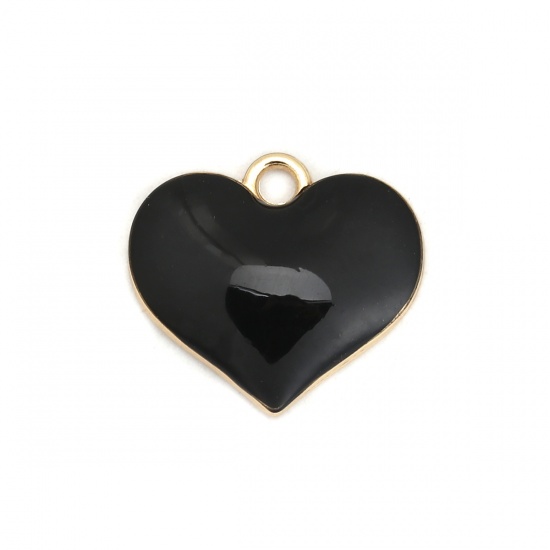 Picture of Zinc Based Alloy Charms Heart Gold Plated Black Full Enamel 20mm( 6/8") x 18mm( 6/8"), 10 PCs