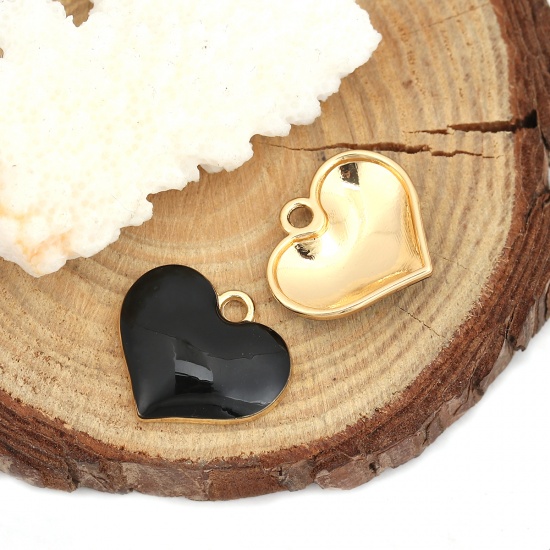 Picture of Zinc Based Alloy Charms Heart Gold Plated Black Full Enamel 20mm( 6/8") x 18mm( 6/8"), 10 PCs