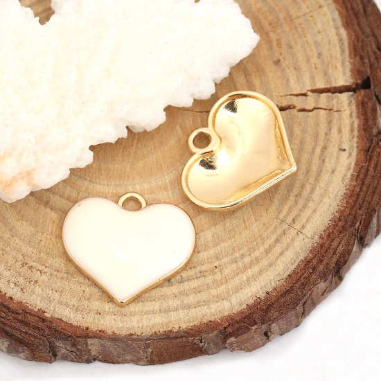 Picture of Zinc Based Alloy Charms Heart Gold Plated Creamy-White Full Enamel 20mm( 6/8") x 18mm( 6/8"), 10 PCs
