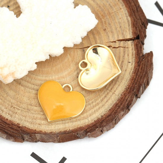 Picture of Zinc Based Alloy Charms Heart Gold Plated Ginger Full Enamel 20mm( 6/8") x 18mm( 6/8"), 10 PCs
