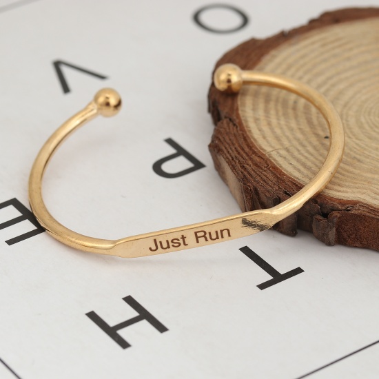 Immagine di Ottone Aprire Braccialetti Rettangolo Oro Placcato Lettere " Just Run " 15cm Lunghezza, 1 Pz                                                                                                                                                                  