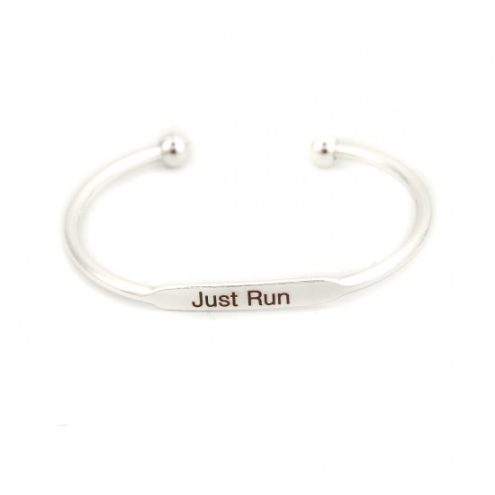 Picture of Brass Open Cuff Bangles Bracelets Rectangle Silver Tone Message " Just Run " 15cm(5 7/8") long, 1 Piece                                                                                                                                                       