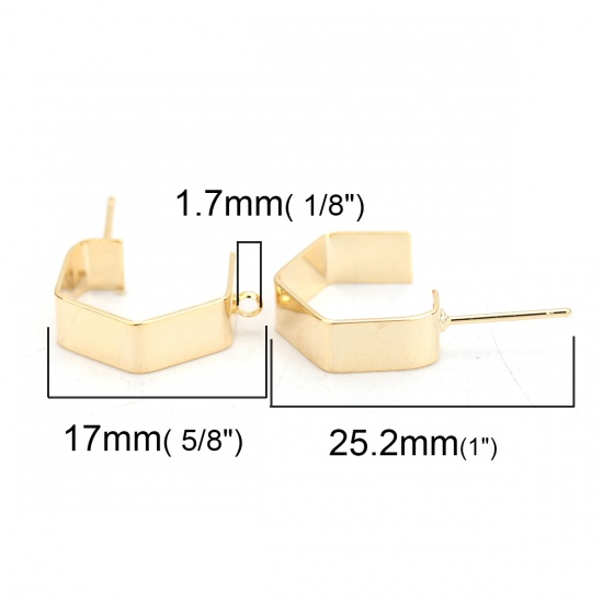 Picture of Brass Ear Post Stud Earrings 18K Real Gold Plated Polygon W/ Loop 17mm( 5/8") x 5mm( 2/8"), Post/ Wire Size: (20 gauge), 4 PCs                                                                                                                                