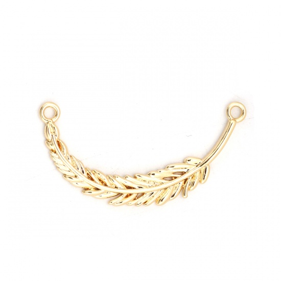 Picture of Brass Connectors Feather 18K Real Gold Plated 30mm(1 1/8") x 15mm( 5/8"), 3 PCs