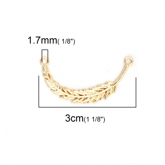 Picture of Brass Connectors Feather 18K Real Gold Plated 30mm(1 1/8") x 15mm( 5/8"), 3 PCs