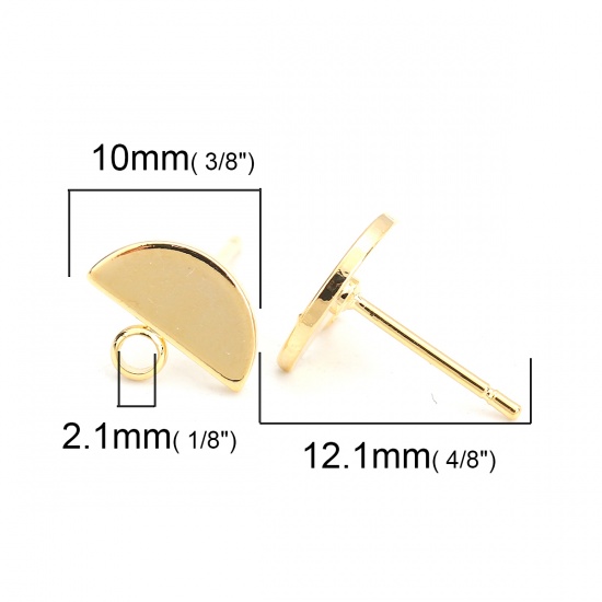 Picture of Brass Ear Post Stud Earrings 18K Real Gold Plated Half Round W/ Loop 10mm( 3/8") x 8mm( 3/8"), Post/ Wire Size: (20 gauge), 4 PCs                                                                                                                             