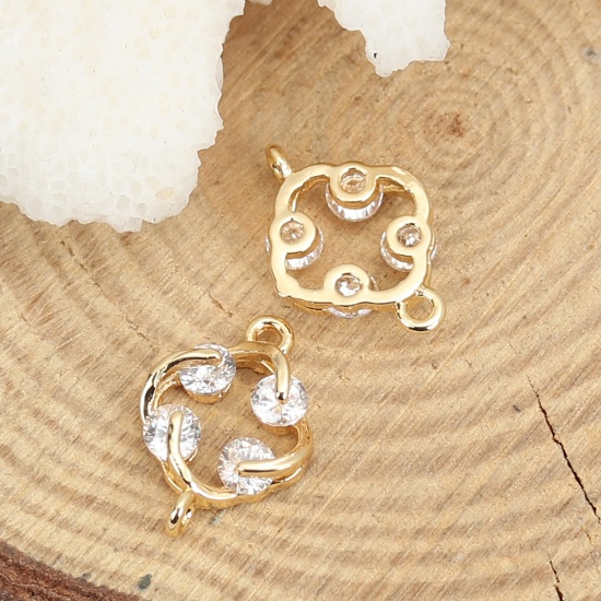Immagine di Ottone Connettore Rombo 18K Vero Oro Placcato Trasparente Strass 14mmx 10mm, 3 Pz
