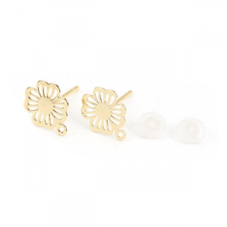 Brass Ear Post Stud Earrings 18K Real Gold Plated Flower W/ Loop 9mm( 3/8") x 7mm( 2/8"), Post/ Wire Size: (20 gauge), 4 PCs