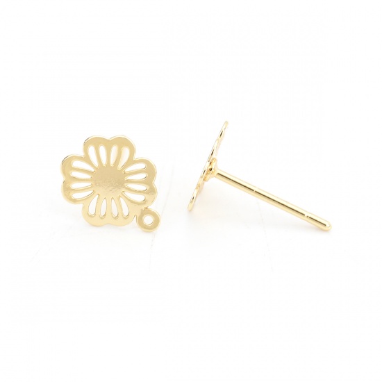 Picture of Brass Ear Post Stud Earrings 18K Real Gold Plated Flower W/ Loop 9mm( 3/8") x 7mm( 2/8"), Post/ Wire Size: (20 gauge), 4 PCs