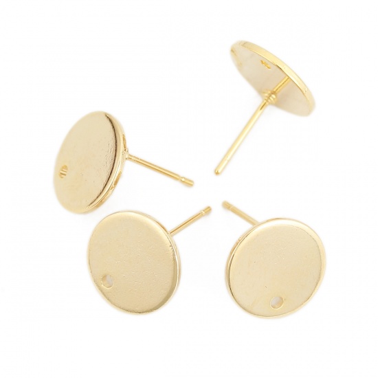 Picture of Brass Ear Post Stud Earrings 18K Real Gold Plated Round W/ Loop 12mm( 4/8") Dia., Post/ Wire Size: (20 gauge), 10 PCs                                                                                                                                         