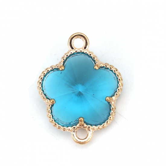 Picture of Brass & Glass Connectors Flower Gold Plated Lake Blue Faceted 15mm( 5/8") x 12mm( 4/8"), 5 PCs                                                                                                                                                                