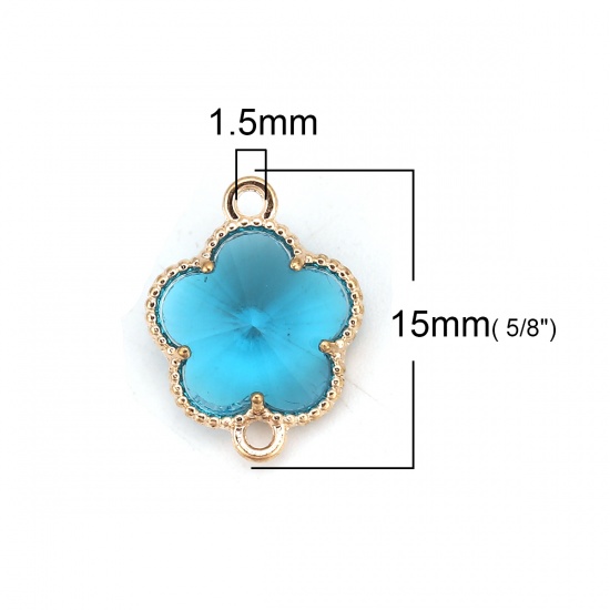 Picture of Brass & Glass Connectors Flower Gold Plated Lake Blue Faceted 15mm( 5/8") x 12mm( 4/8"), 5 PCs                                                                                                                                                                