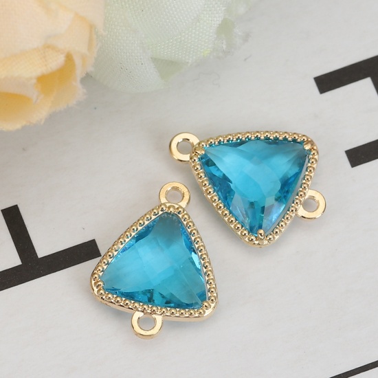 Picture of Brass & Glass Connectors Triangle Gold Plated Lake Blue Faceted 16mm( 5/8") x 12mm( 4/8"), 5 PCs                                                                                                                                                              