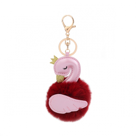 Picture of Plush Keychain & Keyring Pom Pom Ball Golden Wine Red Swan Glitter 19cm, 1 Piece