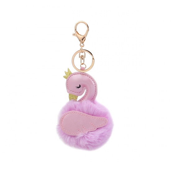 Picture of Plush Keychain & Keyring Pom Pom Ball Golden Purple Swan Glitter 19cm, 1 Piece