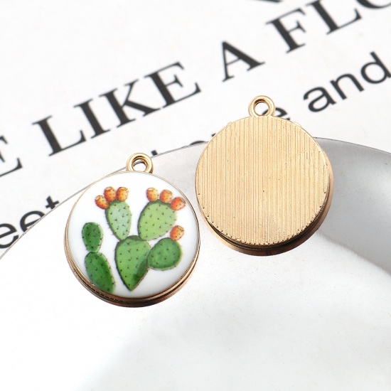 Picture of Zinc Based Alloy Charms Round Gold Plated Green Cactus 23mm( 7/8") x 20mm( 6/8"), 10 PCs