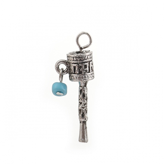 Picture of Zinc Based Alloy Boho Chic Charms Scepter Antique Silver Color Blue 28mm(1 1/8") x 10mm( 3/8"), 3 PCs
