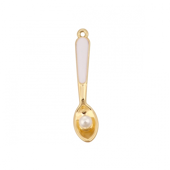 Picture of Zinc Based Alloy Pendants Spoon Gold Plated White Enamel Acrylic Imitation Pearl 36mm(1 3/8") x 8mm( 3/8"), 3 PCs