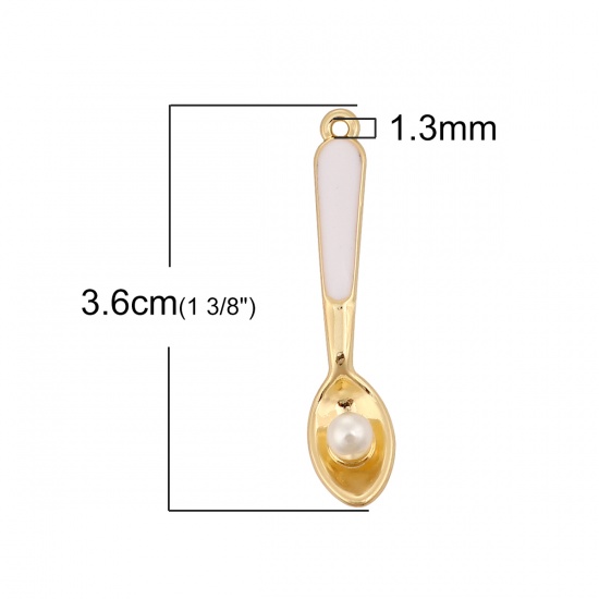 Picture of Zinc Based Alloy Pendants Spoon Gold Plated White Enamel Acrylic Imitation Pearl 36mm(1 3/8") x 8mm( 3/8"), 3 PCs