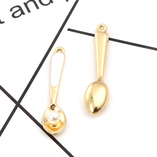 Picture of Zinc Based Alloy Pendants Spoon Gold Plated White Enamel Acrylic Imitation Pearl 36mm(1 3/8") x 8mm( 3/8"), 3 PCs