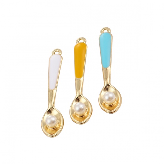 Picture of Zinc Based Alloy Pendants Spoon Gold Plated White Enamel Acrylic Imitation Pearl 36mm(1 3/8") x 8mm( 3/8"), 3 PCs