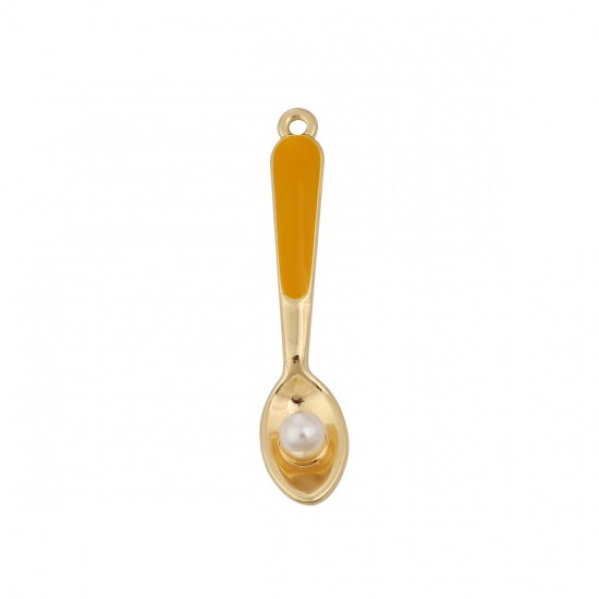 Picture of Zinc Based Alloy Pendants Spoon Gold Plated Yellow Enamel Acrylic Imitation Pearl 36mm(1 3/8") x 8mm( 3/8"), 3 PCs