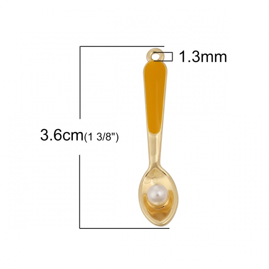 Picture of Zinc Based Alloy Pendants Spoon Gold Plated Yellow Enamel Acrylic Imitation Pearl 36mm(1 3/8") x 8mm( 3/8"), 3 PCs