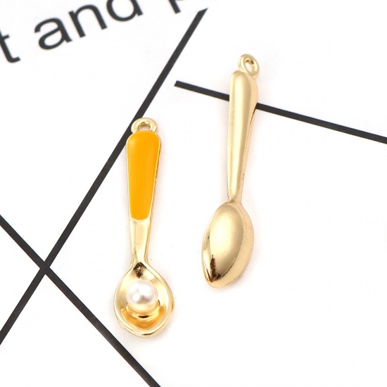 Picture of Zinc Based Alloy Pendants Spoon Gold Plated Yellow Enamel Acrylic Imitation Pearl 36mm(1 3/8") x 8mm( 3/8"), 3 PCs