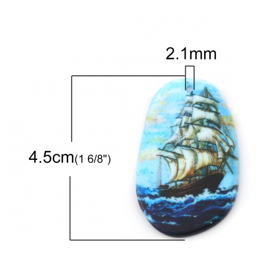 Picture of Resin Travel Pendants Oval Sailing Boat Multicolor 45mm(1 6/8") x 29mm(1 1/8"), 5 PCs
