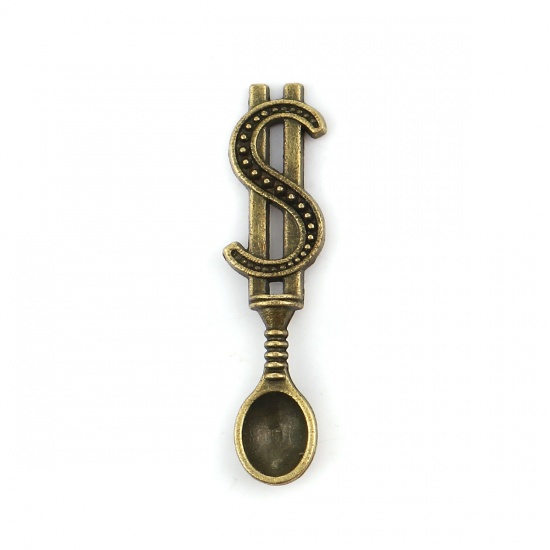 Picture of Zinc Based Alloy 3D Pendants Spoon Antique Bronze Dollar Sign 37mm(1 4/8") x 9mm( 3/8"), 30 PCs
