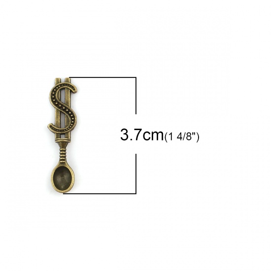 Picture of Zinc Based Alloy 3D Pendants Spoon Antique Bronze Dollar Sign 37mm(1 4/8") x 9mm( 3/8"), 30 PCs