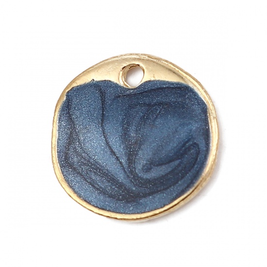 Picture of Zinc Based Alloy Enamel Charms Irregular Gold Plated Deep Blue Round Glitter 15mm( 5/8") x 15mm( 5/8"), 5 PCs