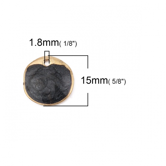 Picture of Zinc Based Alloy Enamel Charms Irregular Gold Plated Black Round Glitter 15mm( 5/8") x 15mm( 5/8"), 5 PCs
