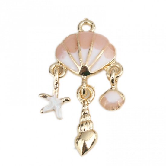 Picture of Zinc Based Alloy Enamel Pendants Shell Gold Plated Pink 34mm(1 3/8") x 18mm( 6/8"), 3 PCs