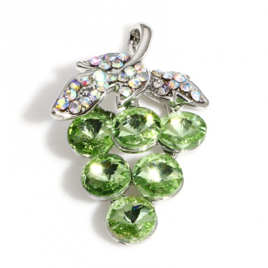 Picture of Zinc Based Alloy Charms Grape Fruit Silver Plated Green Rhinestone 29mm(1 1/8") x 19mm( 6/8"), 2 PCs