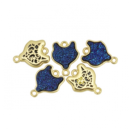 Picture of Brass & Resin Druzy/ Drusy Connectors Fox Animal Gold Plated Royal Blue 18mm x14mm( 6/8" x 4/8") - 17mm x14mm( 5/8" x 4/8"), 5 PCs                                                                                                                            