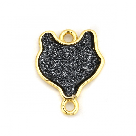 Picture of Brass & Resin Druzy/ Drusy Connectors Fox Animal Gold Plated Black 18mm x14mm( 6/8" x 4/8") - 17mm x14mm( 5/8" x 4/8"), 5 PCs                                                                                                                                 