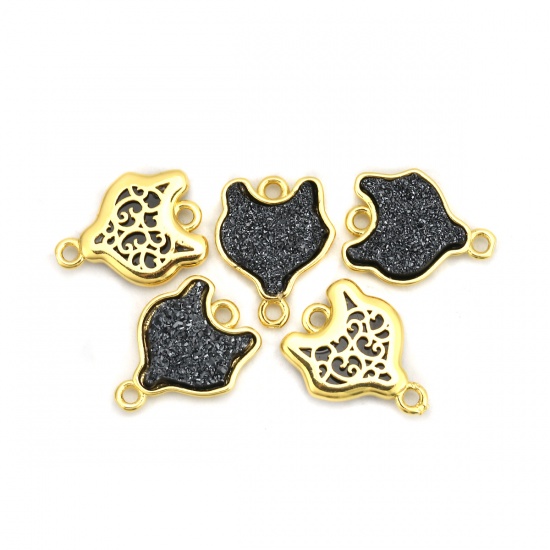 Picture of Brass & Resin Druzy/ Drusy Connectors Fox Animal Gold Plated Black 18mm x14mm( 6/8" x 4/8") - 17mm x14mm( 5/8" x 4/8"), 5 PCs                                                                                                                                 